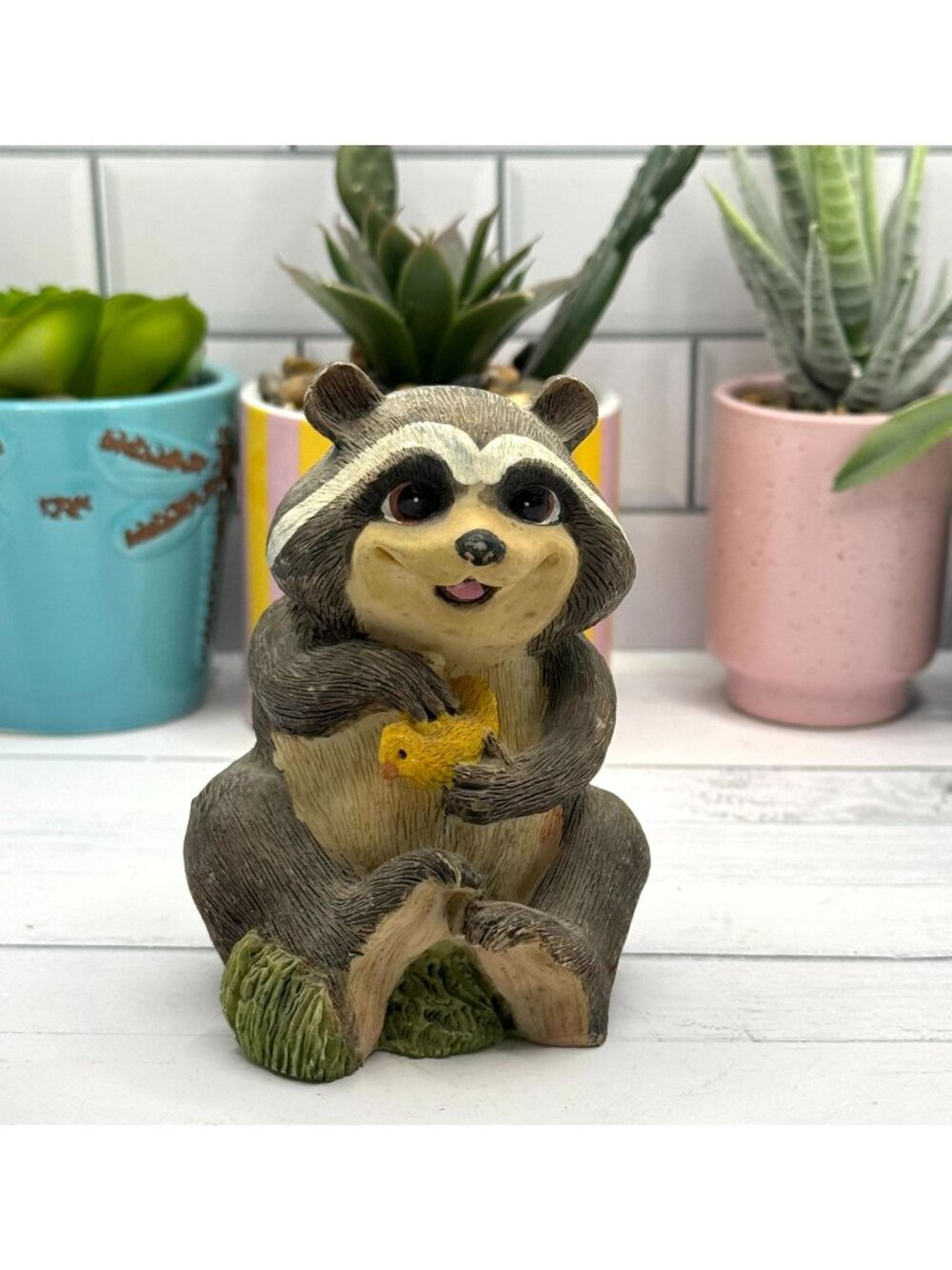 Raccoon Coin Bank Figurine Hand-Painted Resin With Yellow Chick Collectible